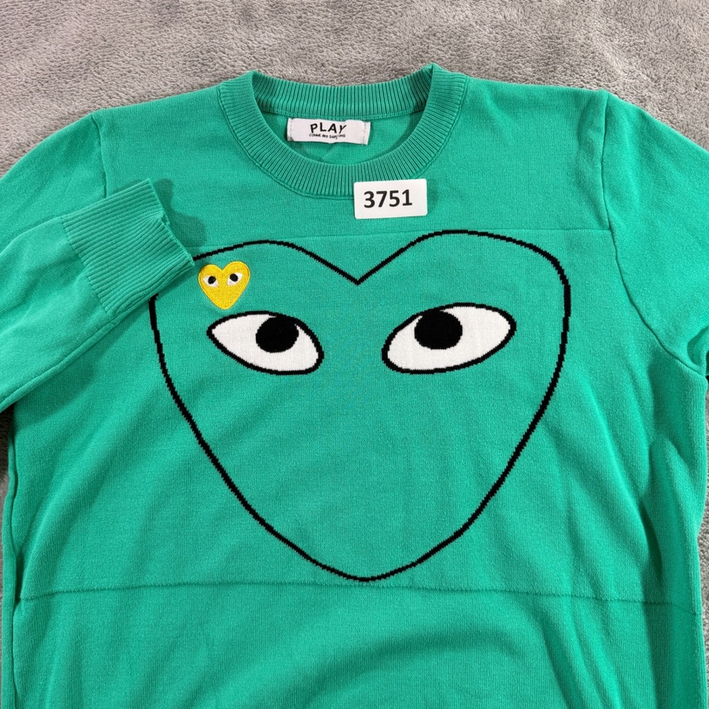 Comme des Garcons Play Sweater Womens Small Green Heart Graphic Knit Pullover